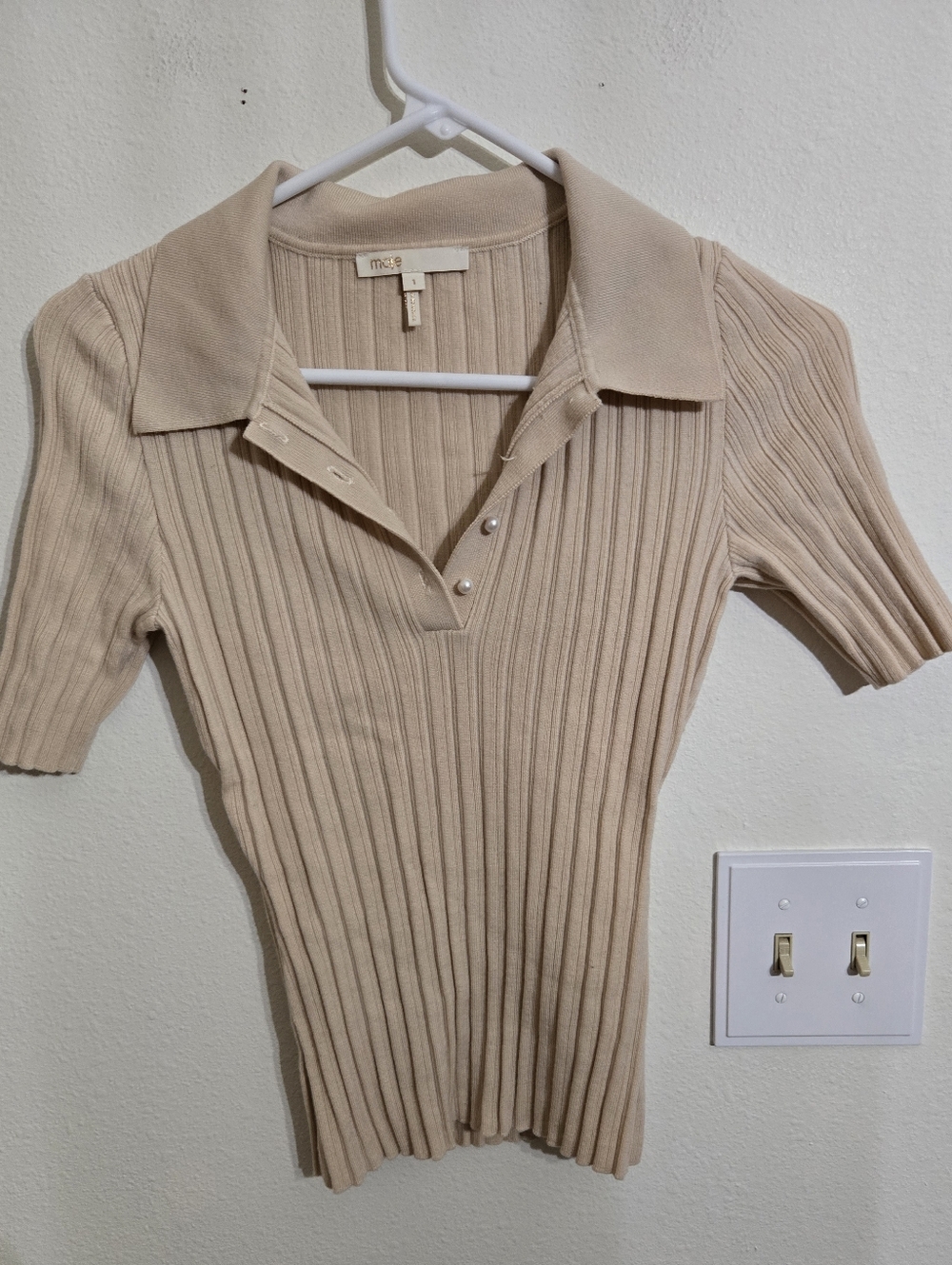 Maje Cream Ribbed Short-Sleeve Polo Knit